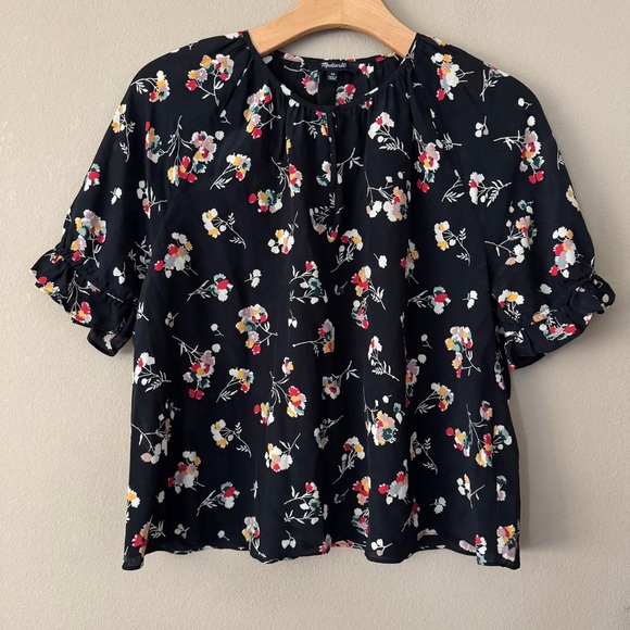 Madewell 100% Silk Notched Ruffle Cuff Blouse Top In Carnation Toss Size XS - Picture 4 of 10